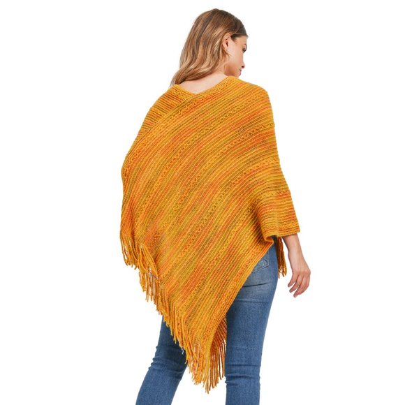 Stripe Knit Poncho with Fringe - Mustard - Picture 4 of 5